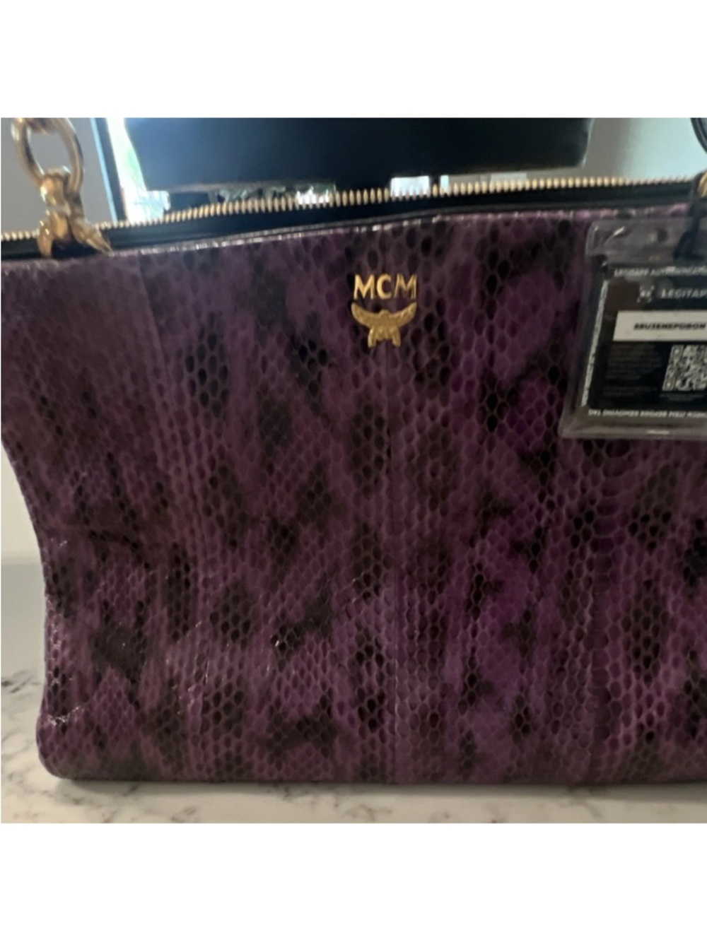 MCM Purple Snake-Print Leather Tote with Gold Logo